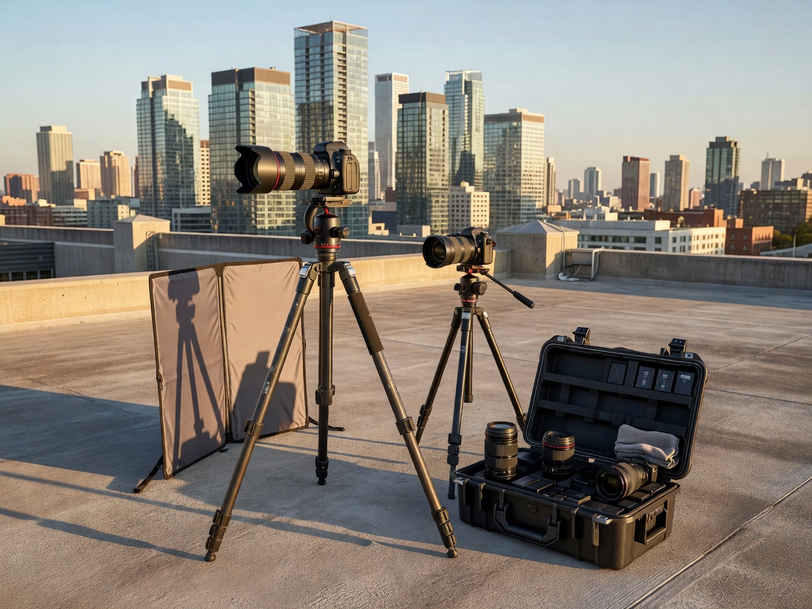 Skyline photography gear set up on high rise rooftop terrace