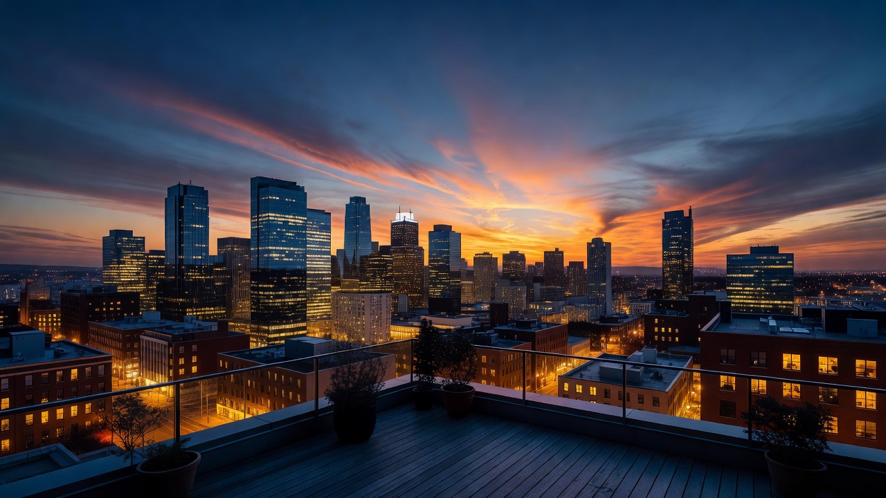 Urban skyline photograph taken at dusk from a rooftop terrace